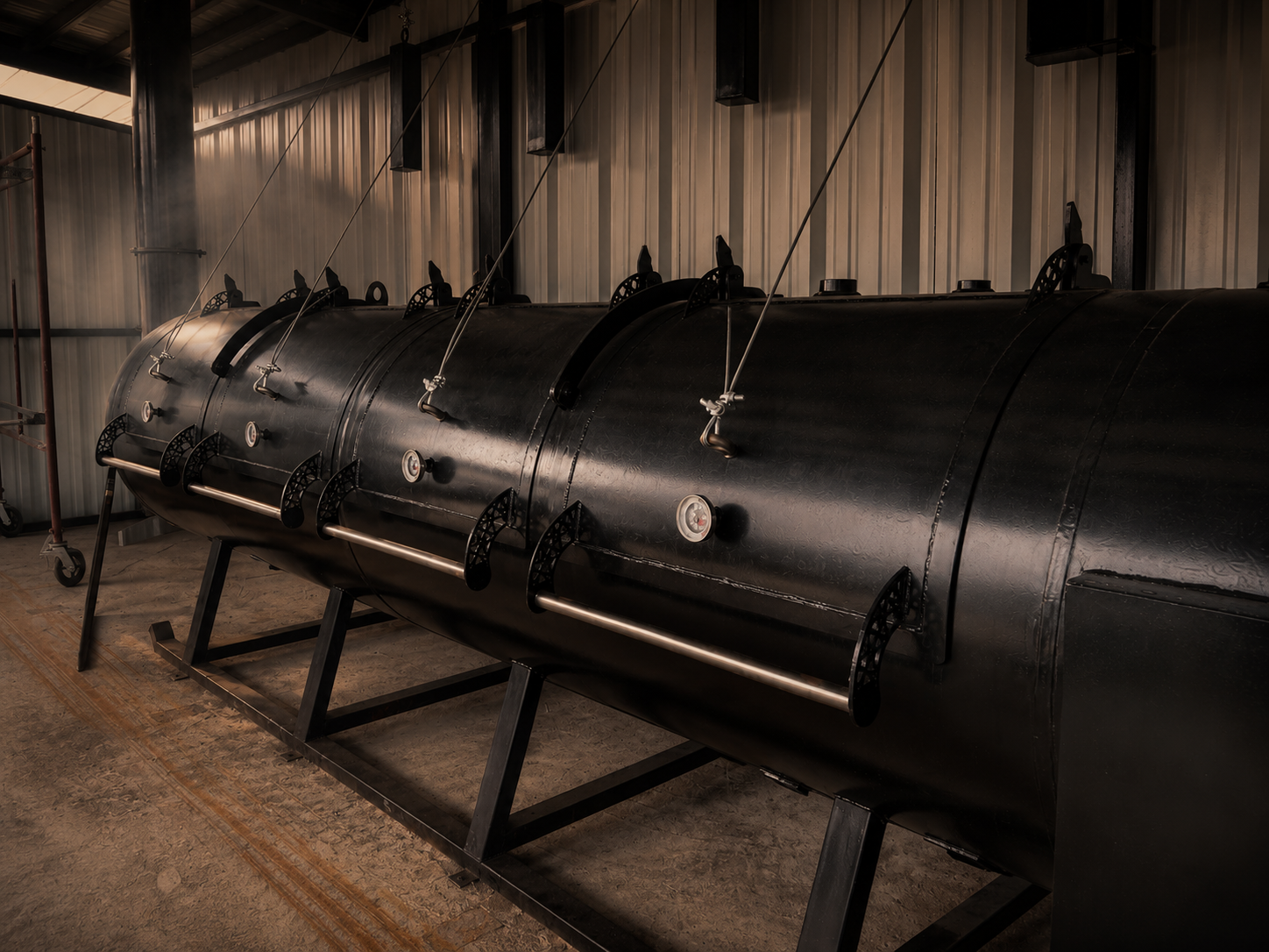 Texas offset smoker glowing at night